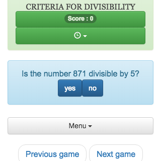 Online calculation game, which allows to train to recognize if a number is divisible by 2, 3, 4, 5, 9, 10, 25, 100.
