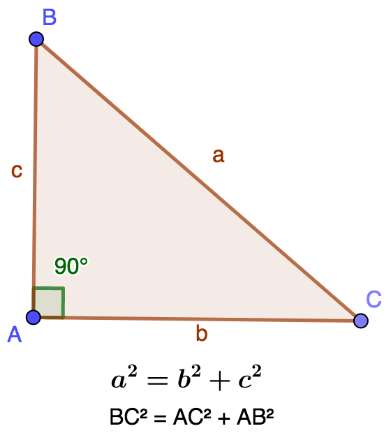 Right triangle in A, theorem of Pythagoras, calculation of the hypotenuse