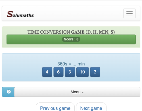 Este juego te permite practicar las conversiones a días, horas, minutos y segundos (d, h, min, s).