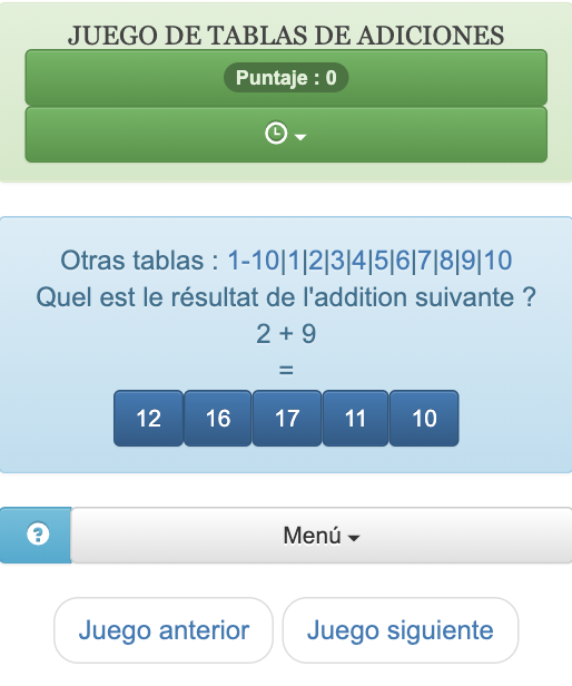 Este partido de cálculo rápido se utiliza online para revisar o aprender tablas de sumas del 1 al 20, el propósito de este juego es encontrar el resultado de una suma de números enteros. Tabla de 7.