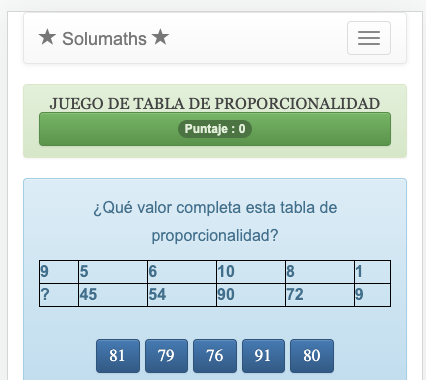 El objetivo de este juego de proporcionalidad es encontrar el valor que completa una tabla de proporcionalidad.