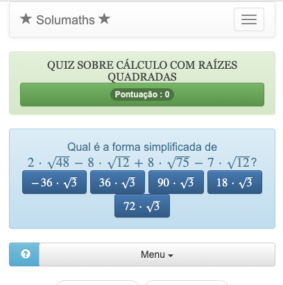 Quiz sobre cálculo com raízes quadradas - Exercício on-line de